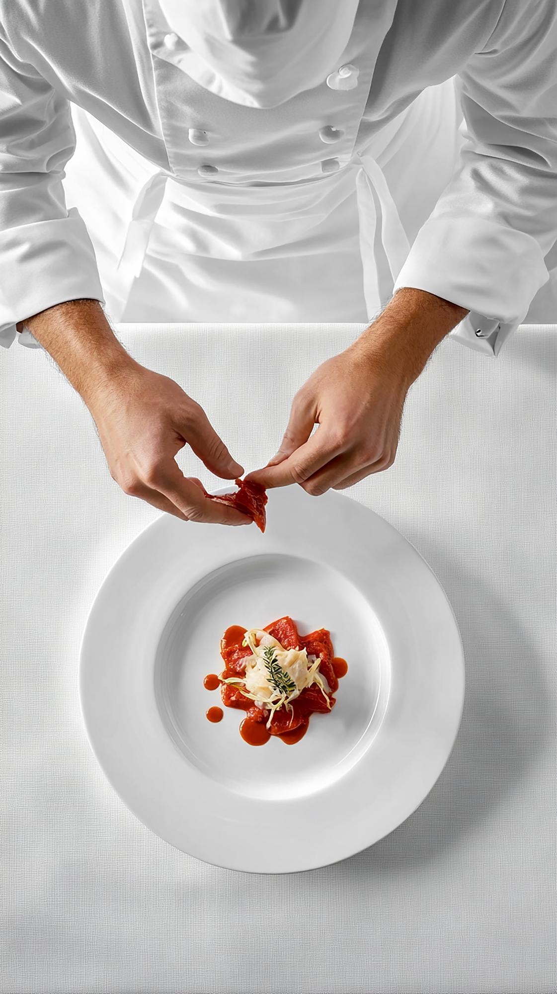 Chef demonstrating plated dish in workshop